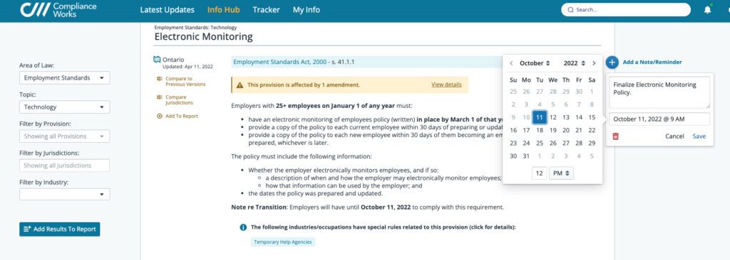 Screen shot of Compliance Works App Electronic Monitoring Policy